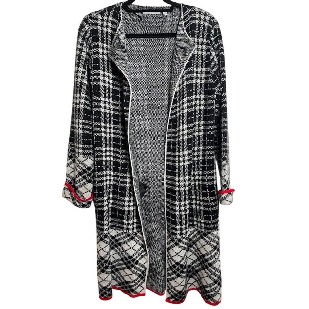 Notations Womens Long Open Cardigan Sweater Plaid Cozy Knit Duster Size Medium